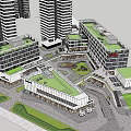 Modern Commercial Complex With High Rise Buildings Green Roofs Central Plaza And Pedestrian Areas