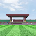 Outdoor Sports Stadium Featuring Red Running Track Green Stands Pink Roof And Athletes