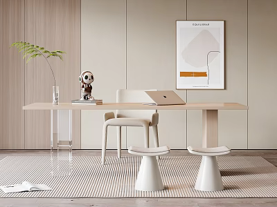 Modern Wooden Table With Chair And Stools In Living Space With Green Plant And Artwork 3d model