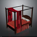Elegant Four Poster Bed With Dark Wooden Frame Carved Details Red Drapes And White Pillows