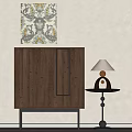 Wooden Decorative Cabinet With Geometric Pattern Above Wall Art And Side Table Lamp