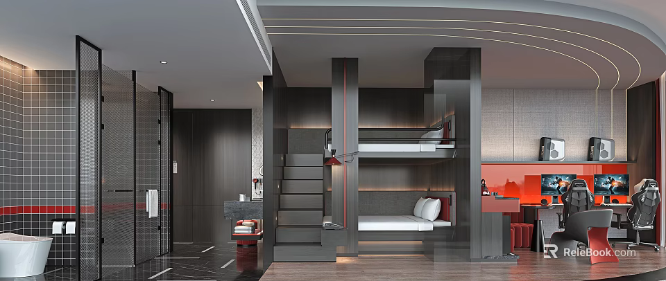 Modern Hotel Guest Room Featuring Bunk Beds Staircase And Dark Wood Decor 3d model 