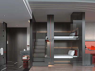 Modern Hotel Guest Room Featuring Bunk Beds Staircase And Dark Wood Decor 3d model