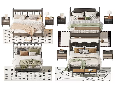 Background Double Bed With Various Bedding Sets Nightstands And Decorative Rugs 3d model