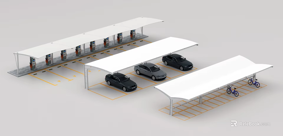 White Carport Canopies in Parking Lot Covering Black Cars With Yellow Lined Parking Spaces 3d model 