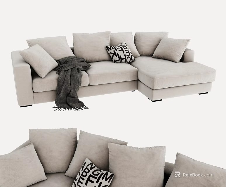 Light Gray Sectional Sofa With Pillows And Throw Blanket Modern Design 3d model