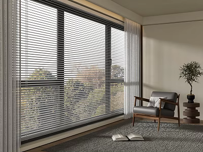 Modern Window Blinds in Bright Room with Large Window Trees Armchair Rug and Potted Plant 3d model