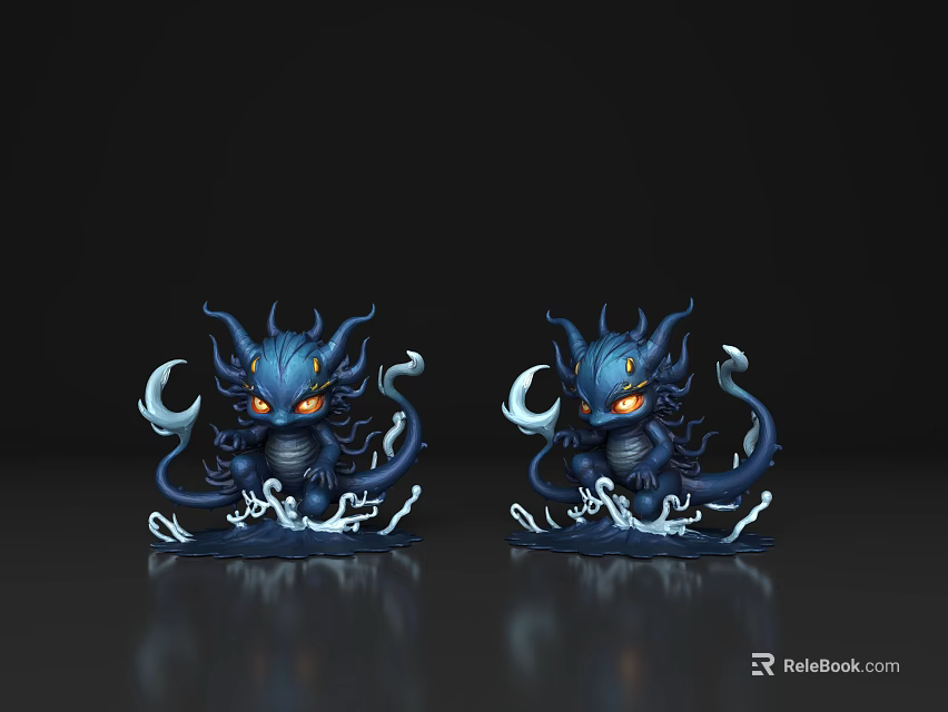 Two Blue Fantasy Monster Figures With Horns Tentacles And Glowing Eyes On Dark Reflective Surface 3d model 