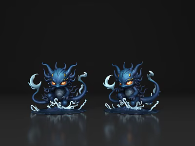 Two Blue Fantasy Monster Figures With Horns Tentacles And Glowing Eyes On Dark Reflective Surface 3d model