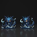 Two Blue Fantasy Monster Figures With Horns Tentacles And Glowing Eyes On Dark Reflective Surface