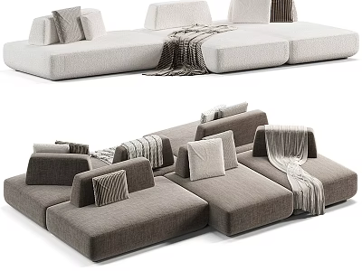 Modern Fabric Sectional Sofa In Light And Dark Gray With Decorative Pillows And Throw Blankets 3d model
