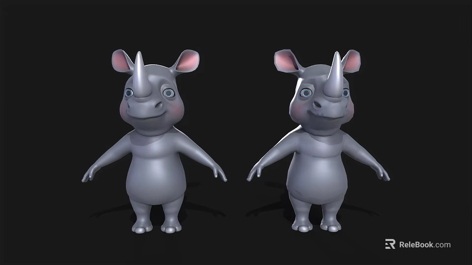 Cute Gray Cartoon Rhinoceros Characters With Pink Ears Standing On Black Background 3d model 