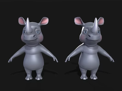 Cute Gray Cartoon Rhinoceros Characters With Pink Ears Standing On Black Background 3d model