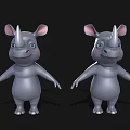 Cute Gray Cartoon Rhinoceros Characters With Pink Ears Standing On Black Background