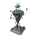 Cartoon Scene Fantasy Floating Rock Structure With Blue Sphere Golden Ring And Hanging Lanterns