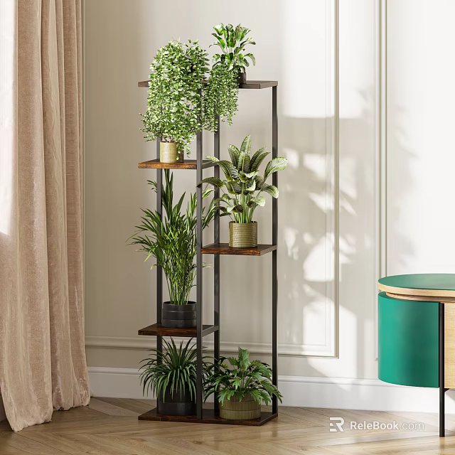 Stylish Indoor Plant Stand With Multiple Tiers And Green Plants 3d model 