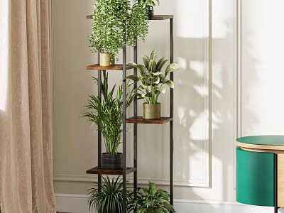 Stylish Indoor Plant Stand With Multiple Tiers And Green Plants 3d model
