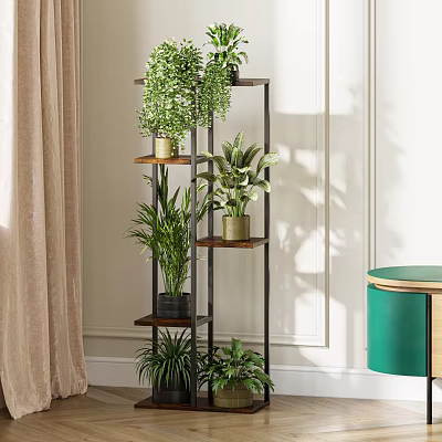 Stylish Indoor Plant Stand With Multiple Tiers And Green Plants 3d model
