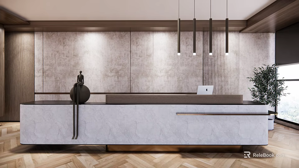 Elegant Front Desk Reception Area With Marble Countertop Pendant Lights And Green Plant 3d model 