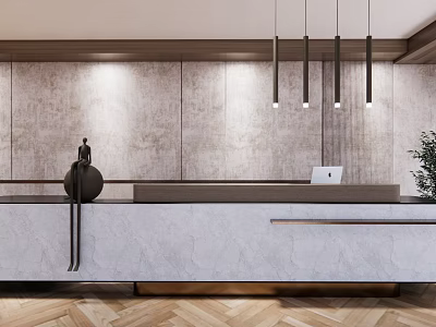 Elegant Front Desk Reception Area With Marble Countertop Pendant Lights And Green Plant 3d model