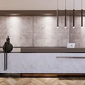 Elegant Front Desk Reception Area With Marble Countertop Pendant Lights And Green Plant
