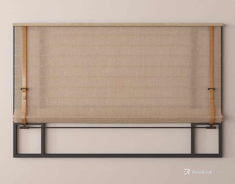 Natural Beige Roman Shades With Leather Straps And Black Metal Frame 3d model 