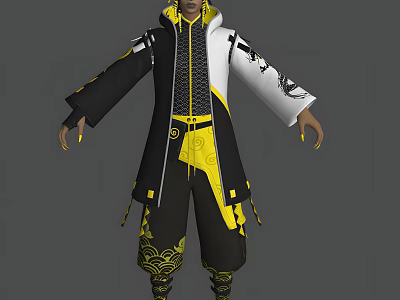 Game Character In Black Yellow White Hooded Coat With Dragon Patterns And Baggy Pants 3d model