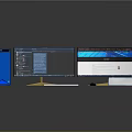 Modern Desktop Computer Setup With Dual Monitors Golden Stand Blue Tower Keyboard Mouse Book