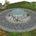 Garden Ornament With Circular Design Stone Centerpiece Gravel Surround Green Plants And Fallen Leaves