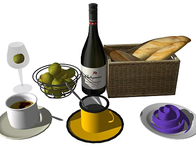 Food Display Featuring Red Wine Bread Basket Green Apples Coffee And Purple Dessert 3d model