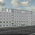 Modern Multi Story Office Building With Gray White Exterior Large Windows And Roadside Trees