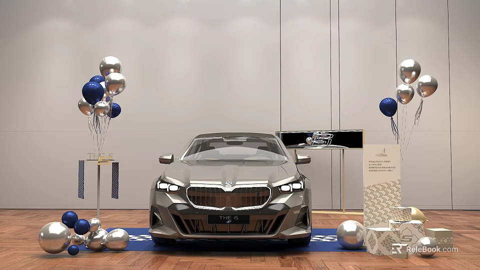 Car Display Scene Decorated With Blue Silver Balloons Blue Carpet White Background 3d model 
