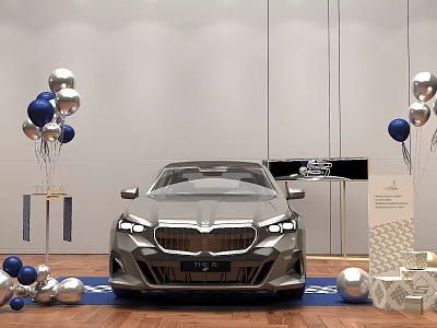 Car Display Scene Decorated With Blue Silver Balloons Blue Carpet White Background 3d model