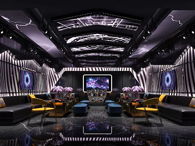 Modern Luxurious KTV Interior With Lighting Sofas Large Screen Circular Decorations And Black Purple Tones 3d model