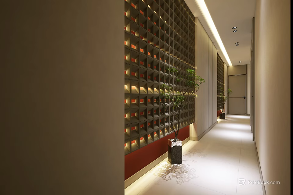 SPA Sauna Corridor Featuring Black Red Square Decor White Tile Floor Green Plant Pots 3d model 