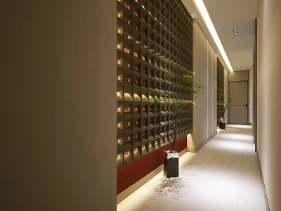 SPA Sauna Corridor Featuring Black Red Square Decor White Tile Floor Green Plant Pots 3d model