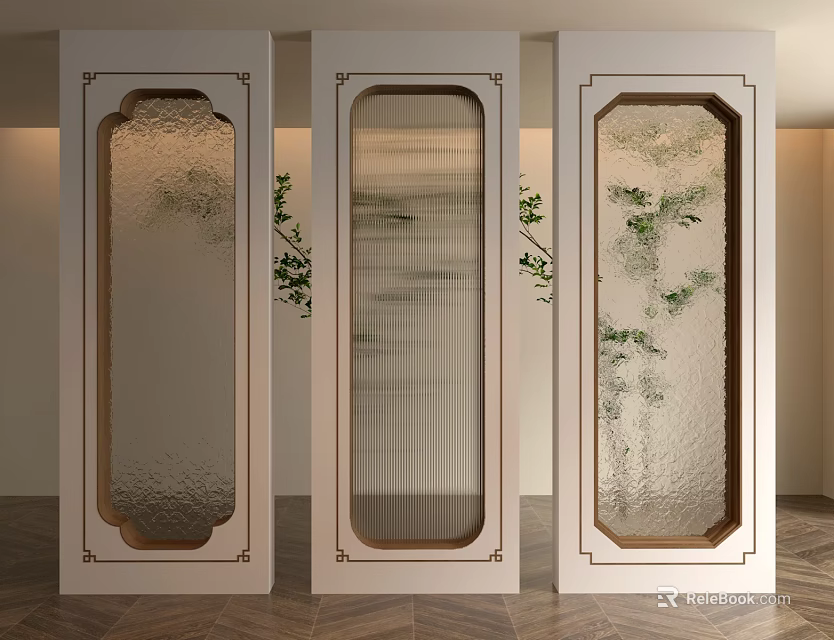 Elegant Room Dividers With White Frame Glass And Green Leaf Patterns 3d model