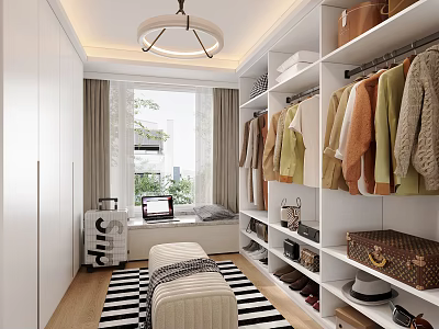 Modern Walk-in Closet With White Wardrobes Hanging Clothes Colorful Sweaters Bench Striped Rug And Window 3d model