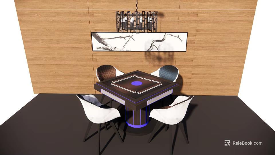 Elegant Modern Entertainment Table With White Chairs Wall Art And Chandelier 3d model 