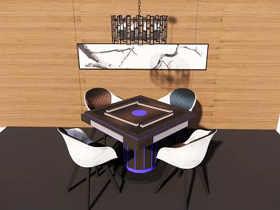 Elegant Modern Entertainment Table With White Chairs Wall Art And Chandelier 3d model