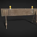 Red And White Striped Road Barrier With Wooden Support Stands And Yellow Warning Lights