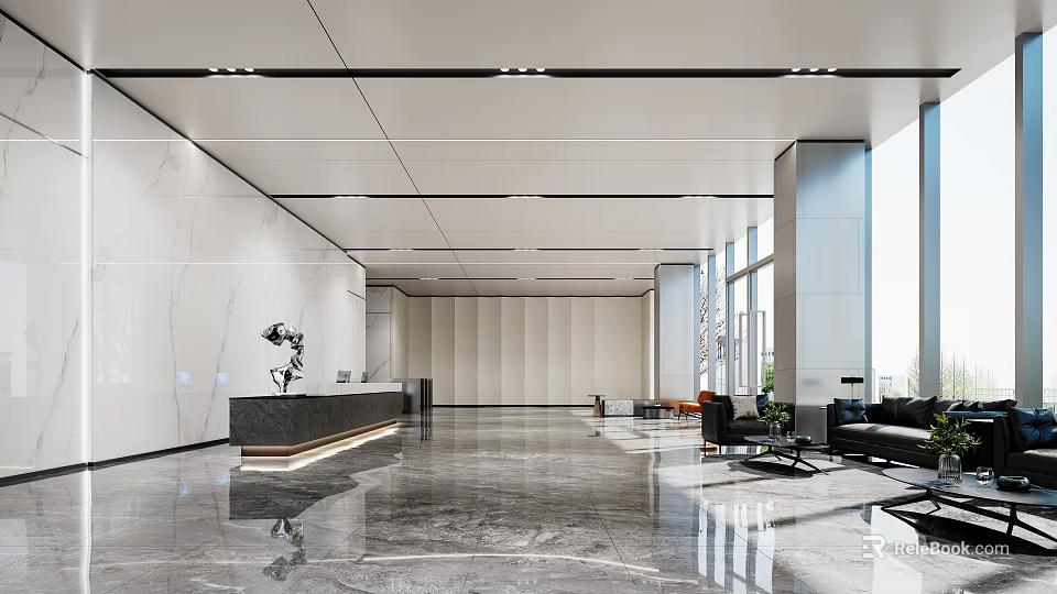 Modern Front Reception Desk Area Design With Marble Floor Sofa And Decorative Ornaments 3d model 