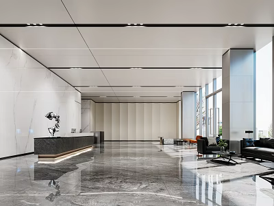 Modern Front Reception Desk Area Design With Marble Floor Sofa And Decorative Ornaments 3d model