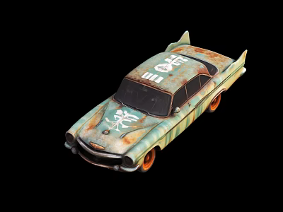 Vintage Rusty Light Green Car With White Graphics And Orange Wheels 3d model
