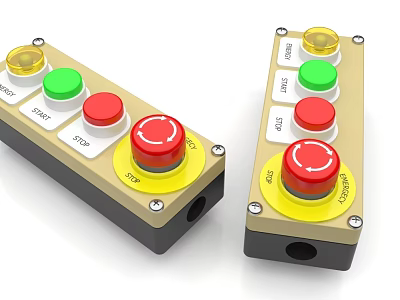Button Control Panels With Yellow Green Red Buttons And Start Stop Emergency Labels 3d model