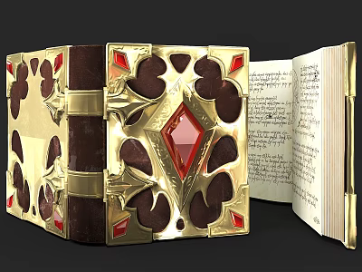 Ancient Book With Golden Decorations Red Gemstones And Open Pages With Text 3d model