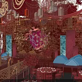 Chinese Style Banquet Hall With Red Decor Lanterns Flowers Chandeliers And Traditional Patterns