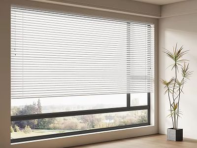 White Window Blinds In Modern Bright Room With Wooden Floor Potted Plant And Outdoor View 3d model