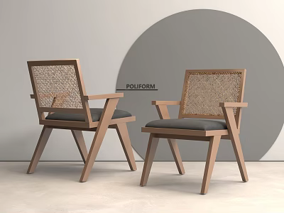Stylish Leisure Chairs With Wooden Frame Woven Backrest And Gray Cushions 3d model
