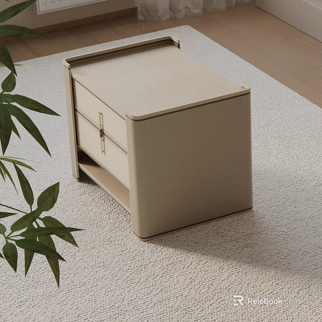 Modern Beige Nightstand with Drawer Storage on Soft Rug and Green Plant Decoration 3d model 